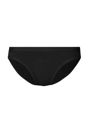Sous-vêtement noir sans couture de style slip avec une large ceinture élastique et des détails de couture subtils sur les panneaux avant.