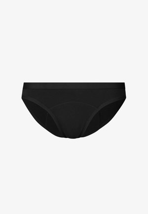 Sous-vêtement noir sans couture de style slip avec une large ceinture élastique et des détails de couture subtils sur les panneaux avant.