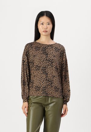 Brown leopard print long-sleeve blouse with a relaxed fit and round neckline, paired with olive green leather-like pants.