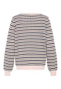 Adīts džemperis ar ģeometrisku rakstu krēmkrāsā, tumši zils un balts. Garas piedurknes ar ribām apmale un rozā apakšmala detaļa.