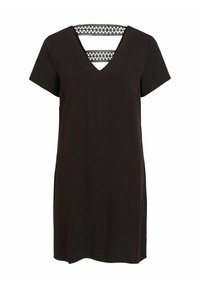 Svart kortärmad klänning med V-ringning och geometrisk skärning på ryggen. Mjuk, slät textur, midilängd design.