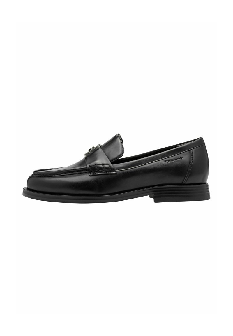 Black leather loafer with a rounded toe and small decorative hardware on the upper. Flat sole with minimal textured detailing.