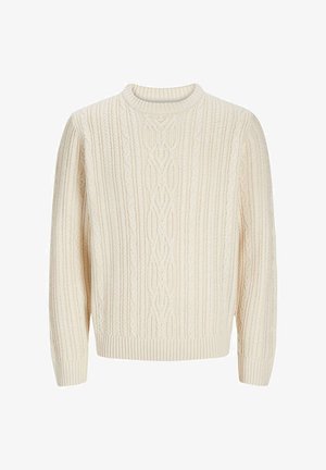 Krémová pletená mikina s textúrovaným rebrovaným vzorom, okrúhlym výstrihom a rebrovanými manžetami a lemom. Mäkkučká, hrubá látka.
