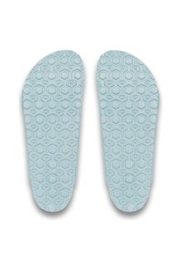Semelles bleues avec un motif texturé hexagonal, dotées d'une forme plate et d'une surface lisse. Marquées du numéro 42.