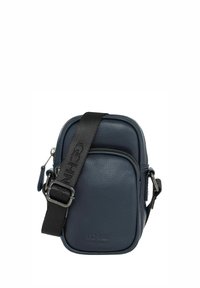 Granatowa skórzana torebka na ramię z teksturowanym wykończeniem, z zamkiem błyskawicznym i regulowanym paskiem z logo marki. Kompaktowy prostokątny kształt.