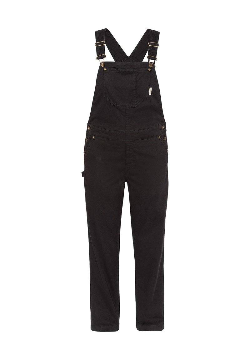 Sorte denim overalls med justerbare skulderstropper, frontlomme og metalknapdetaljer. Holdbar, lige ben-design med en glat tekstur.
