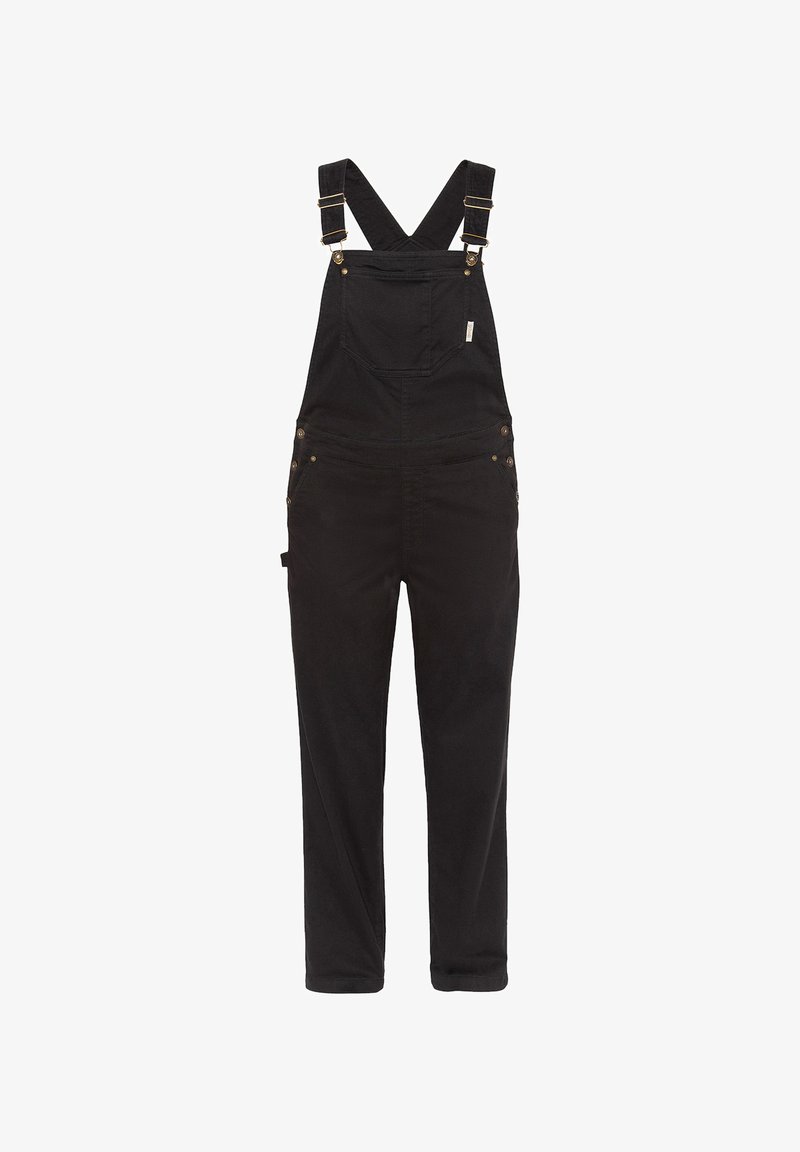 Sorte denim overalls med justerbare skulderstropper, frontlomme og metalknapdetaljer. Holdbar, lige ben-design med en glat tekstur.