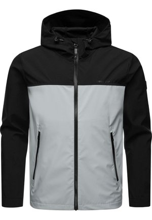 Hooded jacket with a zip front, featuring a color-block design in black and light gray, made of smooth, water-resistant fabric.