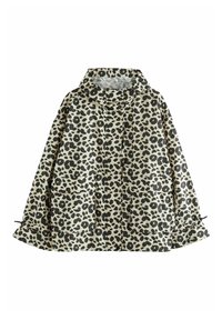 Leopardprint regenjas in bruin en zwart, met een capuchon, twee voorzakken en verstelbare koordjes bij de manchetten. Getextureerd, waterafstotend materiaal.