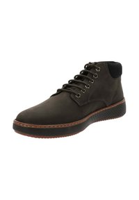 Stivali ankle in pelle marrone con punta arrotondata, design con lacci, cuciture a contrasto color nocciola e suola in gomma testurizzata.