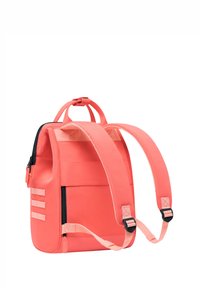 Coral backpack with a rectangular shape, featuring adjustable straps, a front zip pocket, and textured accents on the sides.