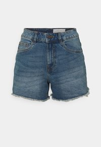 Dunkelblaue Denim-Shorts mit fransigem Saum, hoch geschnittenem Design und traditionellem Fünf-Taschen-Stil. Mit einem Metallknopfverschluss.