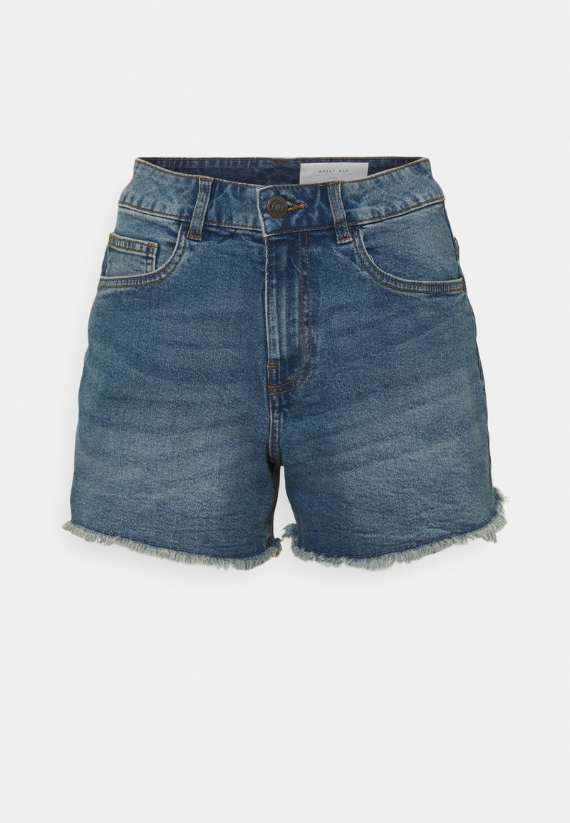 Dunkelblaue Denim-Shorts mit fransigem Saum, hoch geschnittenem Design und traditionellem Fünf-Taschen-Stil. Mit einem Metallknopfverschluss.