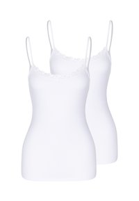 Due top bianchi da donna con sottili spalline e pizzo lungo il collo, presentati su uno sfondo bianco.