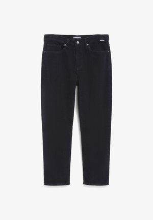 Black corduroy pants featuring a straight-leg design, five pockets, a button closure, and subtle ribbed texture.