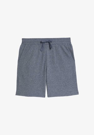 Grå stickade shorts med elastiskt midjeband och dragsko, två sidofickor och en avslappnad passform. Slät textur och enkel design.