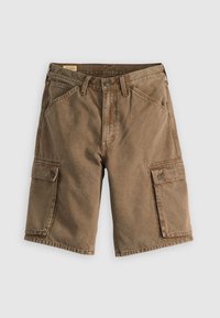 Brown cargo shorts made of sturdy fabric, featuring two front pockets, two side pockets, and a slightly faded texture.