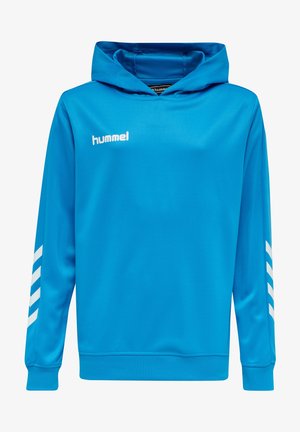Helle blaue Sport-Hoodie mit langen Ärmeln und weißem Hummel-Logo auf der Brust sowie weißen Chevron-Streifen an den Ärmeln.