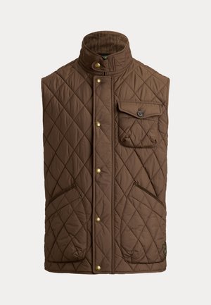 Gilet matelassé marron sans manches avec col montant, devant boutonné, poche poitrine à rabat et deux poches devant.