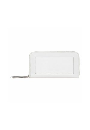 White leather wallet with a zip closure, rectangular shape, textured surface, and a front card slot. Subtle stitching and minimalistic design.