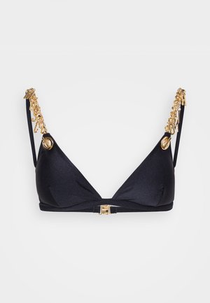 Soutien-gorge triangulaire noir en matériau lisse. Présente des accents en chaîne dorée sur les bretelles et un fermoir doré à l'avant pour la fermeture.