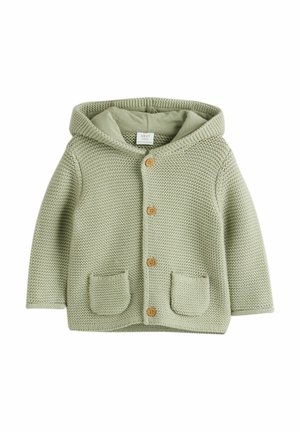 Cardigan bébé en tricot vert clair doux avec capuche, boutons en bois et deux poches avant.