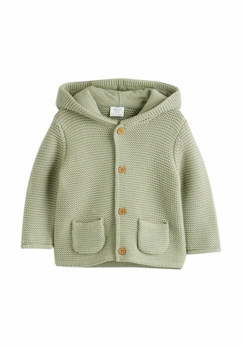 Cardigan bébé en tricot vert clair doux avec capuche, boutons en bois et deux poches avant.