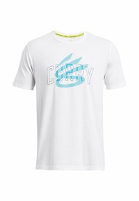 T-shirt blanc en coton à manches courtes avec un logo "CURRY" bleu clair en polices grasses, au design simple et au col rond.