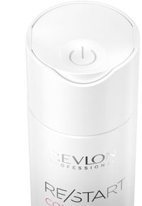 Witte fles van Revlon Professional RE/START met een afgeronde vorm en een getextureerde deksel met een krachtig symbool. Zilveren logo en tekst.