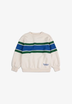 Sweatshirt crème avec des rayures horizontales vertes, bleues et blanches, poignets côtelés et texte brodé. Matériau doux, coupe décontractée, design casual.