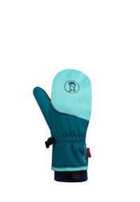 Guanti di colore turchese e azzurro chiaro con un logo giocoso, dotati di polsini elasticizzati e di una cinghia regolabile per una vestibilità sicura. Tessuto resistente con una texture liscia.