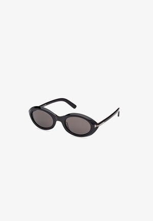 Schwarze ovale Sonnenbrille mit dunklen Gläsern, Kunststoffrahmen und Metallakzenten an den Bügeln. Elegantes Design mit einer glatten Oberfläche.