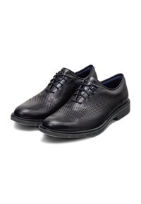 Scarpe in pelle nera con design perforato, chiusura con lacci, punta rotonda, suola flessibile e fodera interna blu a contrasto.