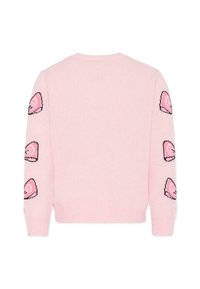 Różowy sweter z dzianiny z haftowanymi wzorami serc na rękawach, okrągłym dekoltem i ściągaczami. Miękka tekstura.