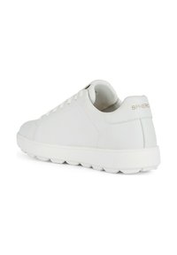Sneaker bianco in pelle con texture liscia, punta rotonda, design con lacci e suola in gomma con borchie arrotondate. Accento dorato sul tallone.