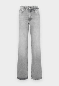 Jeans évasés taille haute en denim gris clair, avec une fermeture à boutons, cinq poches et une texture nette et lisse.