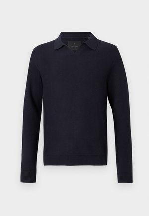 Navy blue long-sleeve knit pullover with a textured pattern, ribbed cuffs and hem, and a pointed collar with a V-neck opening.