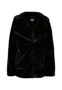 Manteau en fausse fourrure noire avec larges revers et manches longues, étiqueté Urban Classics en taille XS, présenté sur fond blanc.