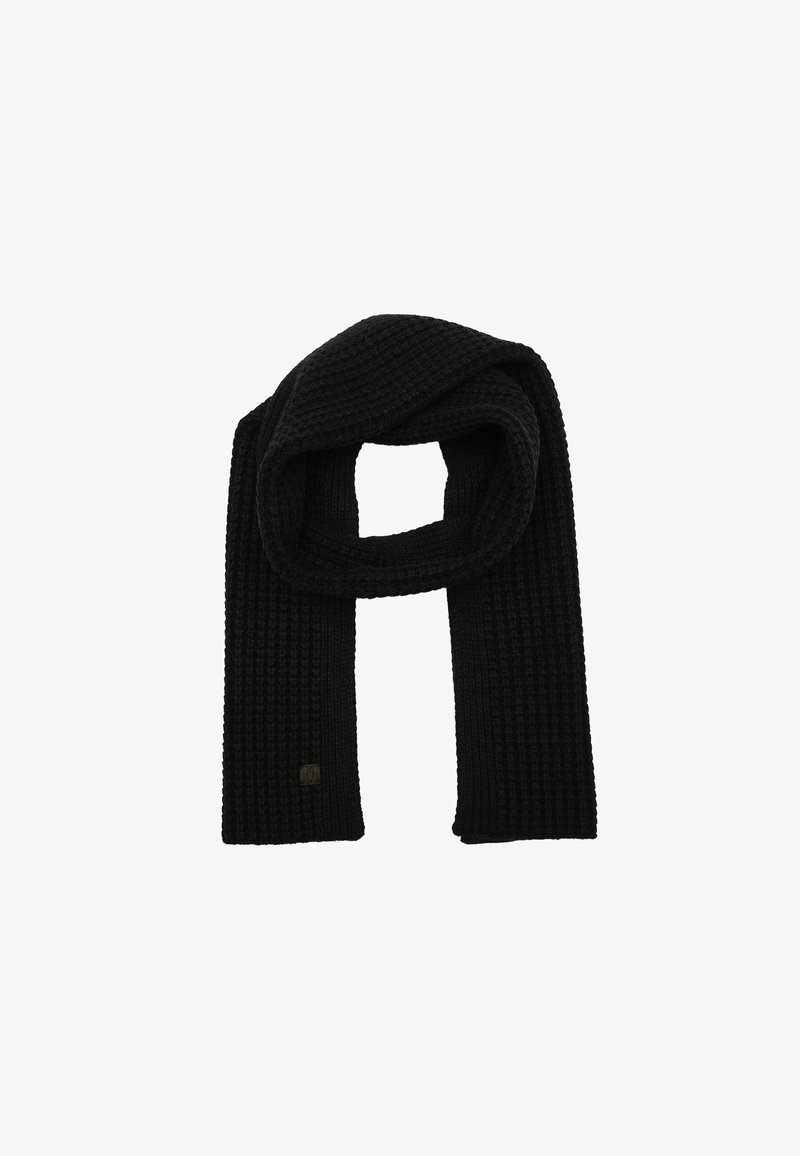 Scialle nero a maglia caratterizzato da un motivo testurizzato, con forma rettangolare e una piccola etichetta con logo su un'estremità. Materiale morbido per il calore.