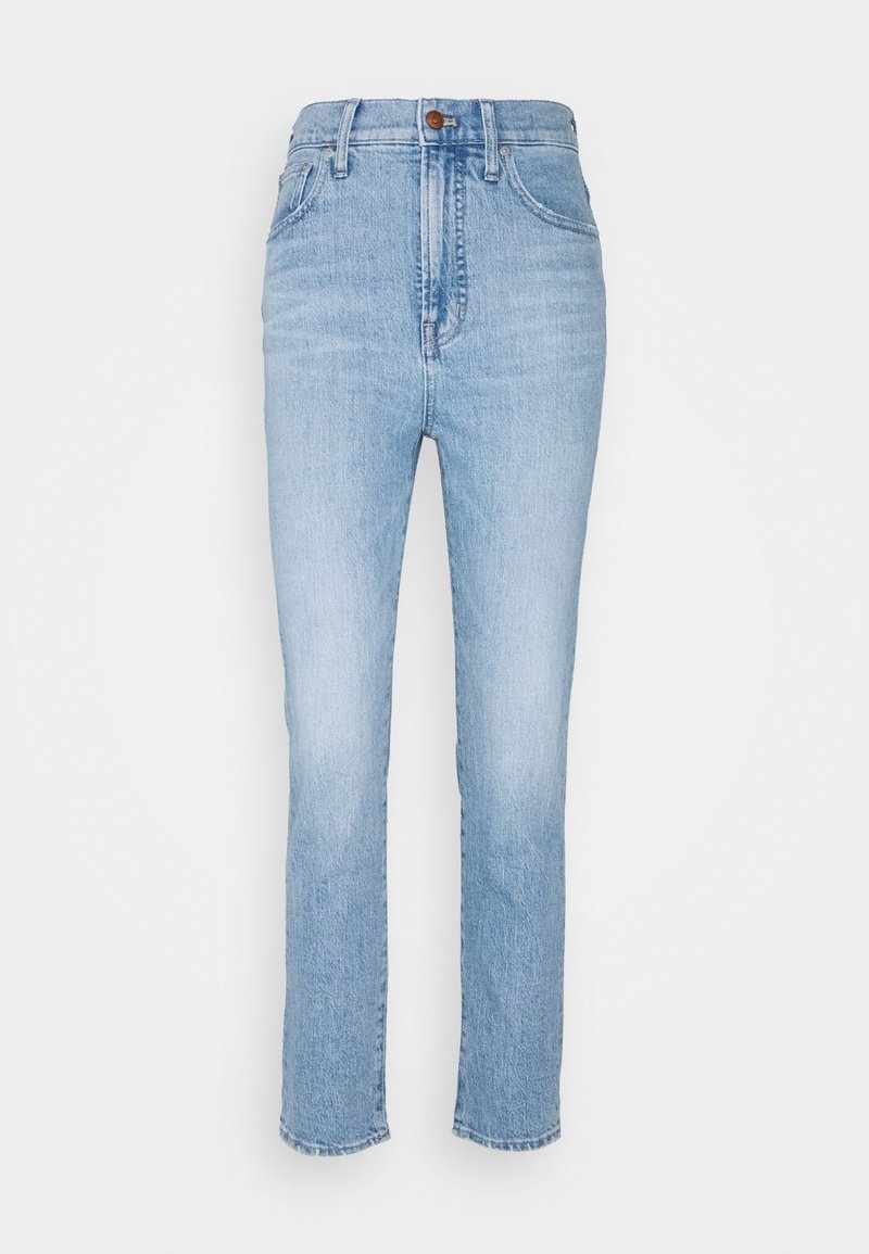 Ljust blå denimjeans med hög midja, rak bendesign, med subtila blekningar, klassisk fem-fickors stil och metallknappslutning.