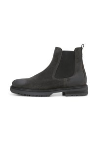 Botte Chelsea pour homme en daim gris foncé avec panneau latéral élastique noir et semelle robuste, vue de l'extérieur sur fond blanc.