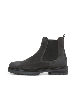 Men’s dark gray suede Chelsea boot with black elastic side panel and rugged sole, shown from the outer side on white background.