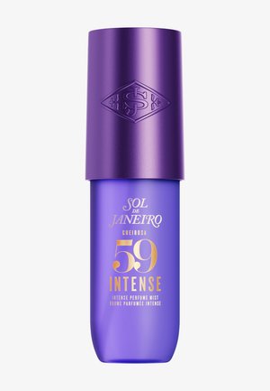 Paarse cilindervormige parfumfles met label Sol de Janeiro Cheirosa 59 Intense parfumnevel met een bijpassende paarse dop.