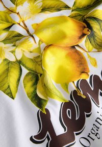 Deux citrons jaunes avec des feuilles vertes et des fleurs blanches au-dessus d'un texte brun en gras sur un fond de tissu blanc.