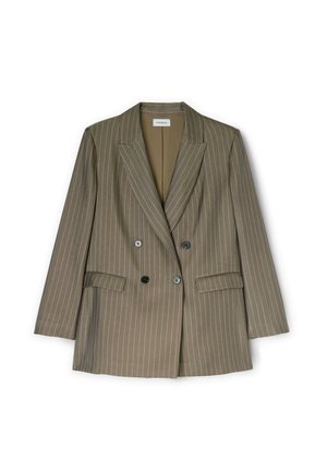 Blazer croisé en kaki avec de légères rayures. Il présente des revers crantés, deux poches avant et des boutons noirs. Coupe ajustée.