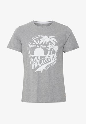 Gray cotton t-shirt featuring a white graphic design with palm trees, sun, and text "Built in Blue 93" and "Midnite Blend Denim."
