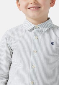 Camicia button-up a righe verde chiaro e bianca con colletto, caratterizzata da un piccolo logo di una barchetta a vela blu navy sul petto e bottoni rotondi.