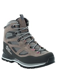 Grauer Wanderschuh aus Wildleder und Mesh-Materialien, schwarzer Gummisohle, grauen Schnürsenkeln und rosa Akzenten. Verstärkter Zehenbereich für Langlebigkeit.