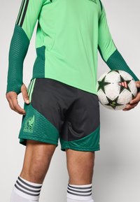 Camisola desportiva verde com mangas longas e calções escuros, apresentando um emblema do México, acompanhada por uma bola de futebol estampada. Meias finas listas visíveis.