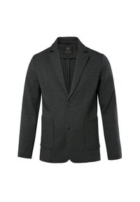 Tmavě šedý blazer na jedno knoflíkové zapínání s klopami, dvěma předními kapsami a náprsní kapsou.